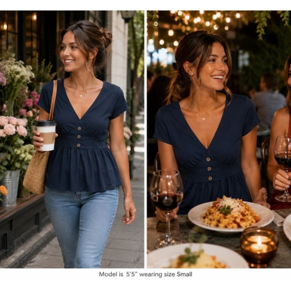 Lavender Field Womens Navy Blue Peplum Top V-Neck Button Detail Short Sleeve S